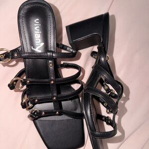 Vivianly Black Strappy Sandals with Gold Accents